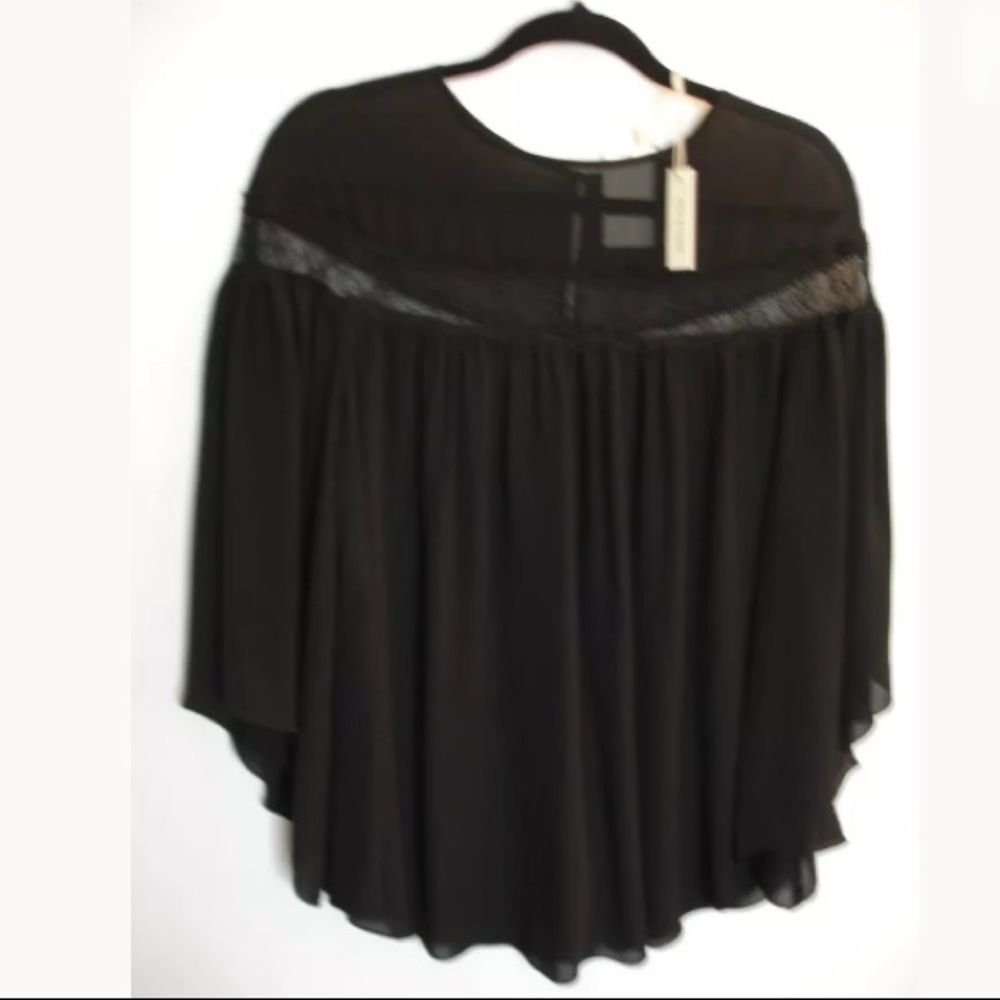 MAX STUDIO Black Chiffon/Lace Boho Top Bell Sleeves Size S